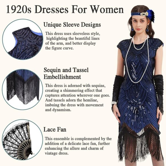 Women's Flapper Dress Sequin Fringe Beaded 1920s Costume Accessories - Picture 7 of 7